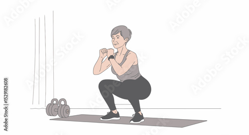 Squat Exercise Illustration: Mature Woman's Fitness Routine