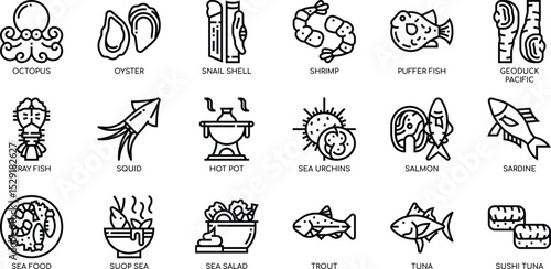 Extensive Seafood Icon Set 410.eps Vector Illustrations of Octopus, Oysters, Shrimp, and More for Culinary Designs