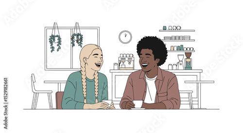 Coffee Shop Friends: Diverse Pair Enjoying a Laugh