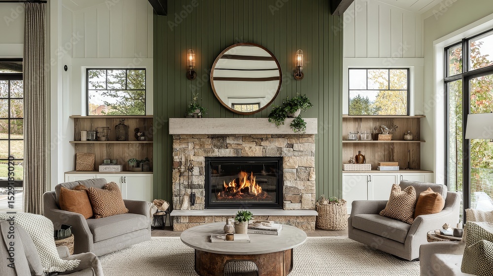 Fototapeta premium Modern farmhouse living room with stone fireplace, green walls, white ceiling, large oval mirror, vintage light fixtures, circular coffee table, grey armchairs, warm throw pillows, natural lighting, a