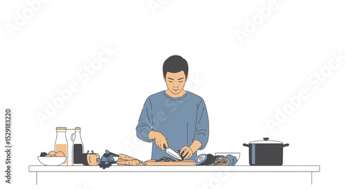 Man Preparing a Meal: Cutting Vegetables in Kitchen