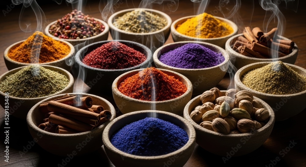 Fototapeta premium Vibrant Assortment of Aromatic Spices and Herbs in Ceramic Bowls with Subtle Steam