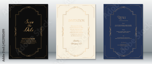Elegant wedding invitation set with golden border details on black, navy blue, and cream backgrounds. Includes Save the Date, invitation, and wedding menu templates.