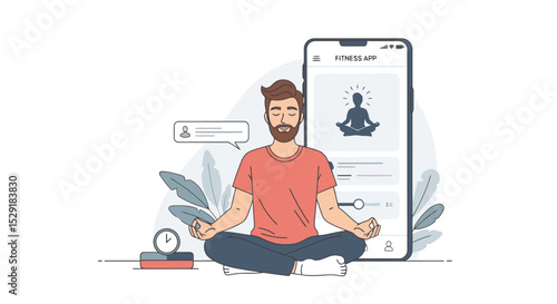 Digital Wellness: Man Meditating with Fitness App