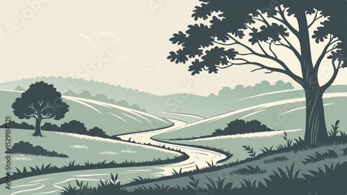 Dreamy Pastel Landscape Abstract Hills, Flowing River, and Serene Trees