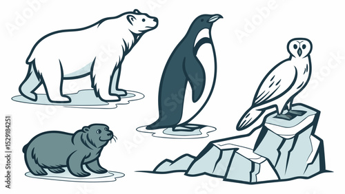 Arctic and Antarctic Animal Icon Collection Polar Bear, Penguin, Snowy Owl, Seal – Vector SVG Illustrations