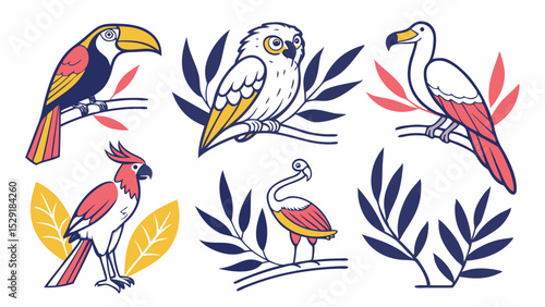 Vibrant Bird Species Icon Set Parrots, Owls, Eagles, and More!