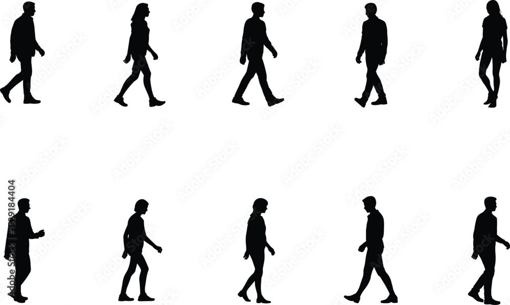 Silhouettes of business people walking in profile view, male and female figures, black vector illustration, professional poses for design Silhouettes of business people walking in profile view, male and female figures, black vector illustration, professional poses for design