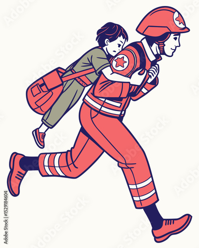 Emergency Responder Bravely Carrying Child to Safety A Powerful Illustration