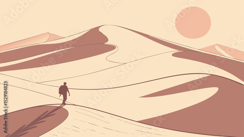 Minimalist Desert Landscape Pastel Tones, Sand Dunes, and a Lone Traveler
