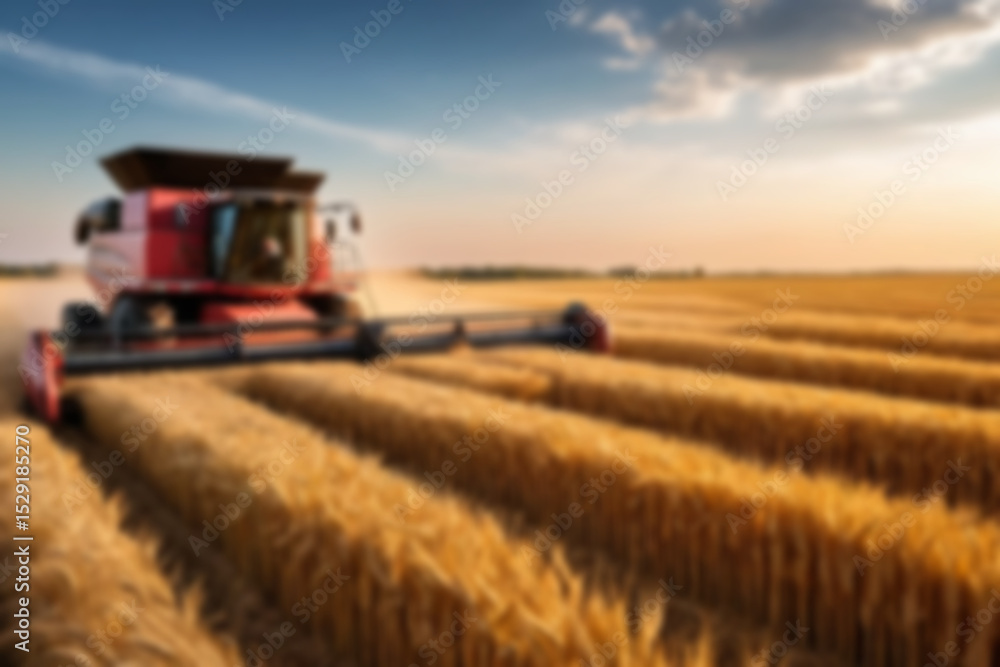 Fototapeta premium Blurry photo of the wheat harvesting process using modern equipment, in the afternoon the sunset can be seen shining on the wheat fields.