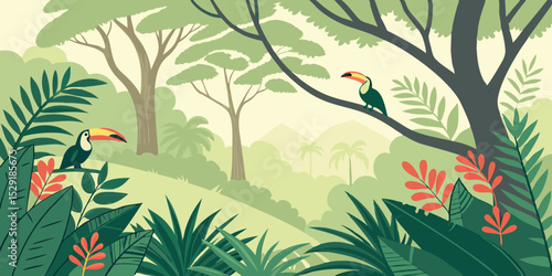 Vibrant Tropical Jungle Landscape Exotic Plants and Toucans - A Serene Nature Escape