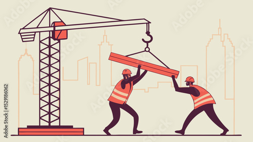 Construction Workers Teamwork Lifting Heavy Beams with Crane Assistance