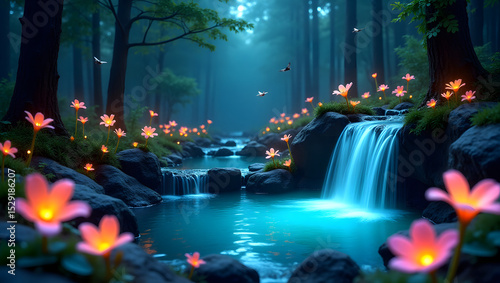 Enchanted Forest: A Glowing Stream and Luminous Blooms