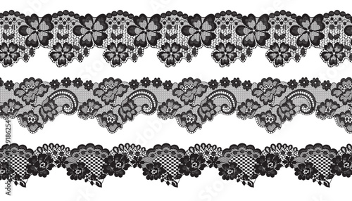 Three pieces of scalloped lace trim made of small flowers.