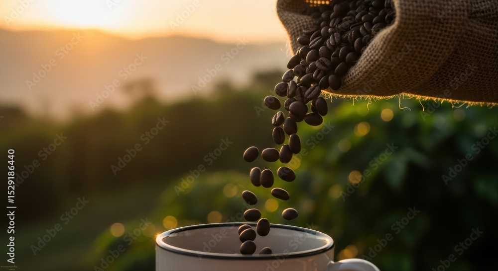 Naklejka premium Roasted Coffee Beans Pouring into a Mug Against a Golden Sunrise Over Mountains