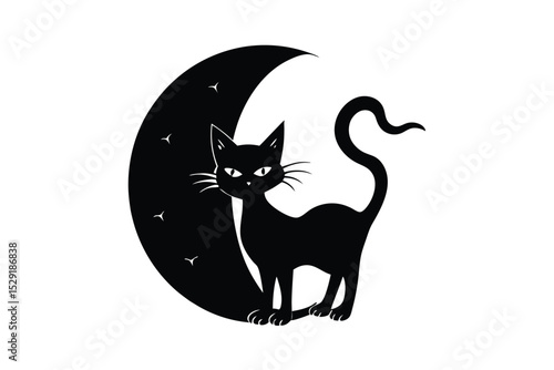 Bewitched black cat under full moon night vector art illustration