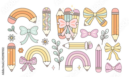 Coquette pencil bow clipart set, Cute teacher pencil, Teacher Appreciation, Back to school hand drawn vector illustration in flat style	
