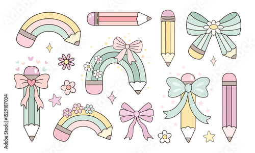 Coquette pencil bow clipart set, Cute teacher pencil, Teacher Appreciation, Back to school hand drawn vector illustration in flat style	
