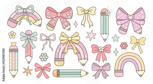 Coquette pencil bow clipart set, Cute teacher pencil, Teacher Appreciation, Back to school hand drawn vector illustration in flat style	
