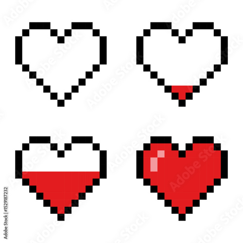 Pixel game health heart icons. Vector art 8 bit life bar elements. Retro gaming UI status symbols.
