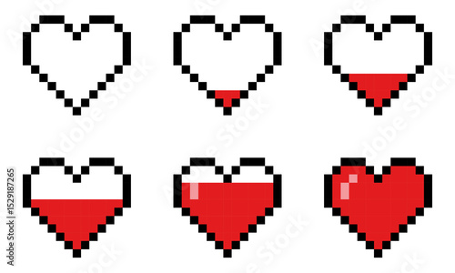 Pixel game health bar set. Vector art 8 bit life heart bar. Retro gaming UI progress indicator.