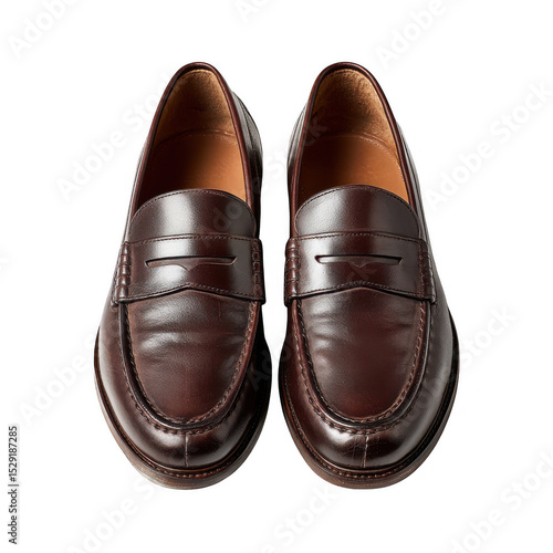 Pair of brown leather loafer shoes isolated on transparent background