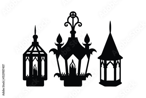 Gothic lanterns and candles in eerie light vector art illustration