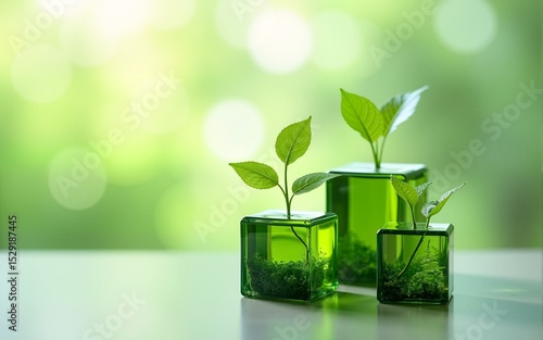 Wallpaper Mural Green Leaves on Glass Cubes, Eco Concept - Eco-friendly themes. High quality Torontodigital.ca