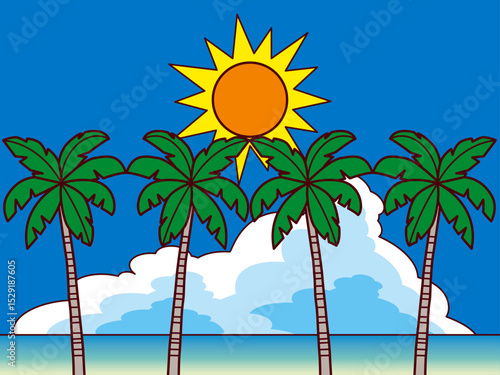 やしの木、海、雲、太陽B2