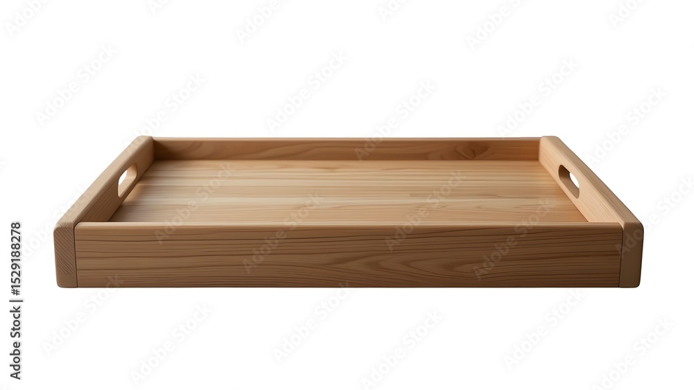 A light brown wooden serving tray with handles on a white background in a studio setting A light brown wooden serving tray with handles on a white background in a studio setting