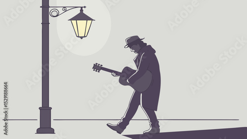 A silhouette of a man with a vacuum cleaner and a man with a gas pump playing music with jazz instruments like a saxophone and guitar at a concert