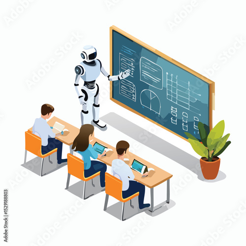 AI robot teaching humans, digital whiteboard with data
