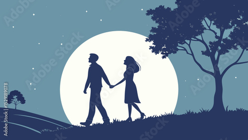 Romantic illustration of a couple kissing under a moonlit sky, a timeless silhouette of love, nature, and art