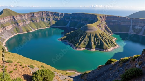 Fototapeta Naklejka Na Ścianę i Meble -  Golden Mirror: A Tranquil Lake Resting Atop the Verdant Hills