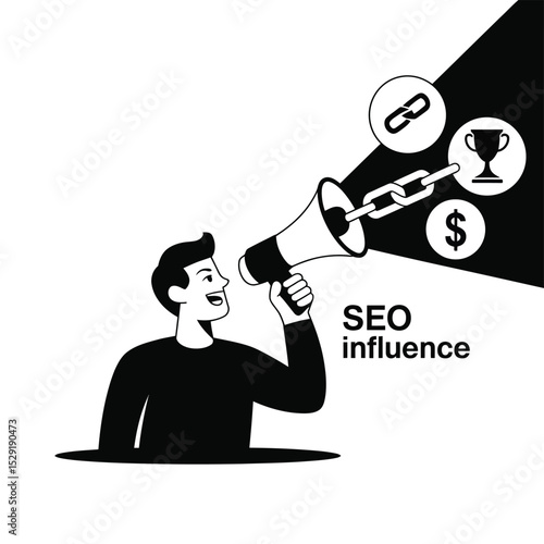 Man announcing seo influence with megaphone and chain link icons