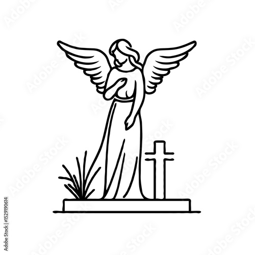 Angel statue standing beside grave cross in line art style  