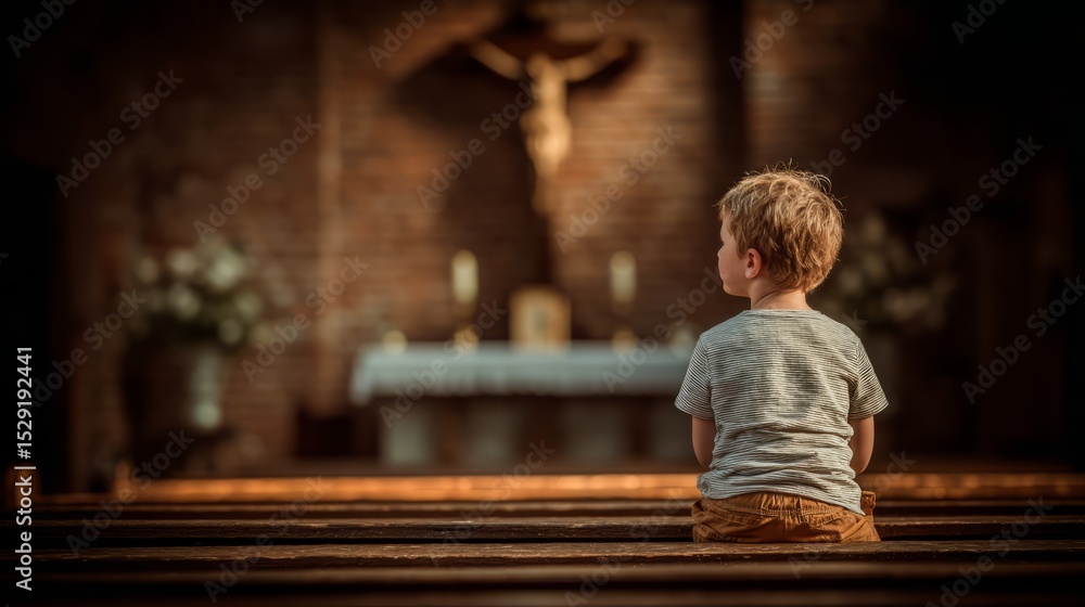 Fototapeta premium Young Child Sitting Alone in Church, Reflecting on Spirituality and Faith in Quiet Atmosphere with Dim Lighting and Religious Symbolism Behind