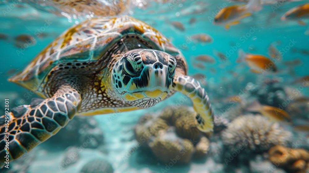 Fototapeta premium A close-up shot of a majestic sea turtle gliding effortlessly through crystal clear waters, surrounded by vibrant marine life, capturing the beauty of ocean wildlife and nature.