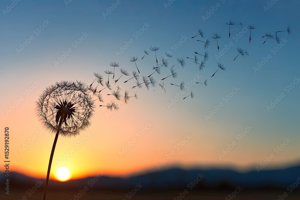 Naklejka premium Sunset Silhouette Of Dandelion With Windswept Seeds