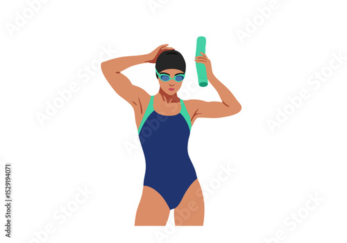 A determined female swimmer stretches with a kickboard, focused and ready for a workout. Vibrant blue swimsuit and goggles highlight her athletic form. Clean, modern illustration.