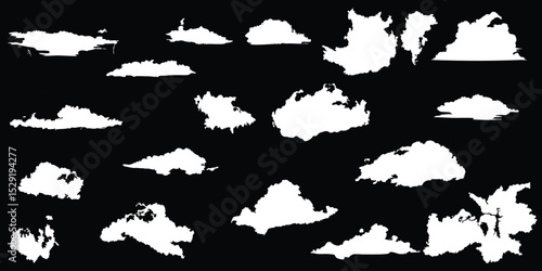 Collection of vector silhouettes of clouds in different abstract shapes on white background