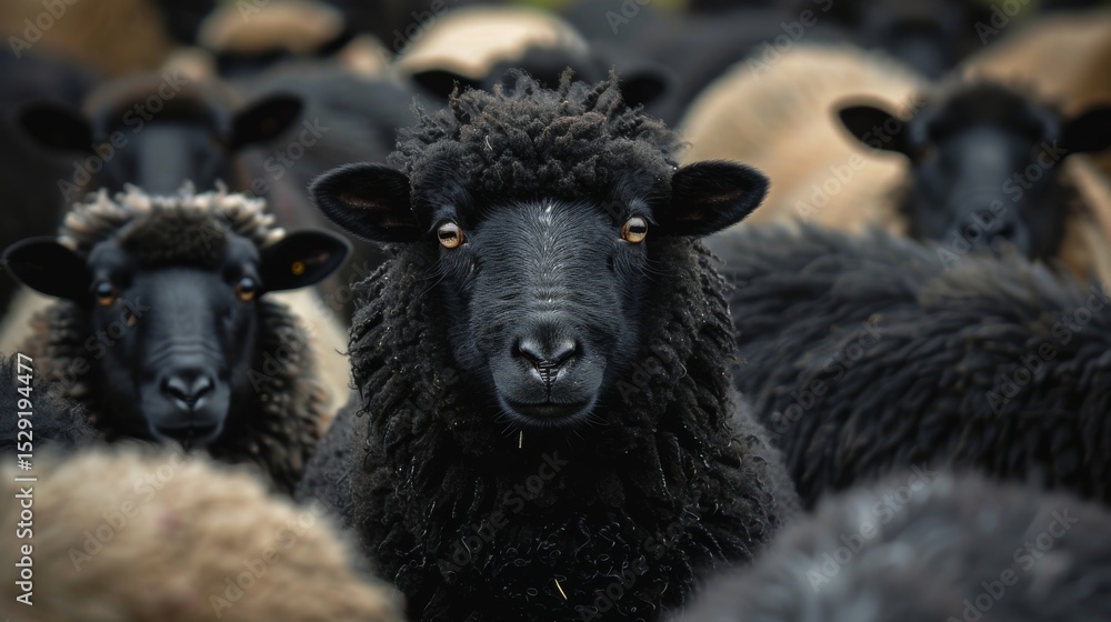 Obraz premium A close-up photograph capturing a curious black sheep standing out among a flock, presenting an intriguing contrast and evoking curiosity about individuality in nature.