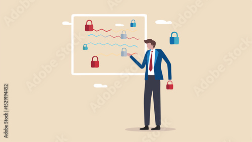 Businessman presenting security data on a whiteboard with locks and line graphs shown on it all around him