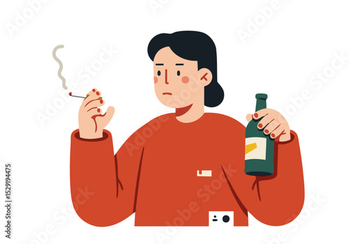 A melancholic young woman holds a cigarette and a bottle, conveying a sense of introspection.  Bold red clothing and a muted background create a striking visual.