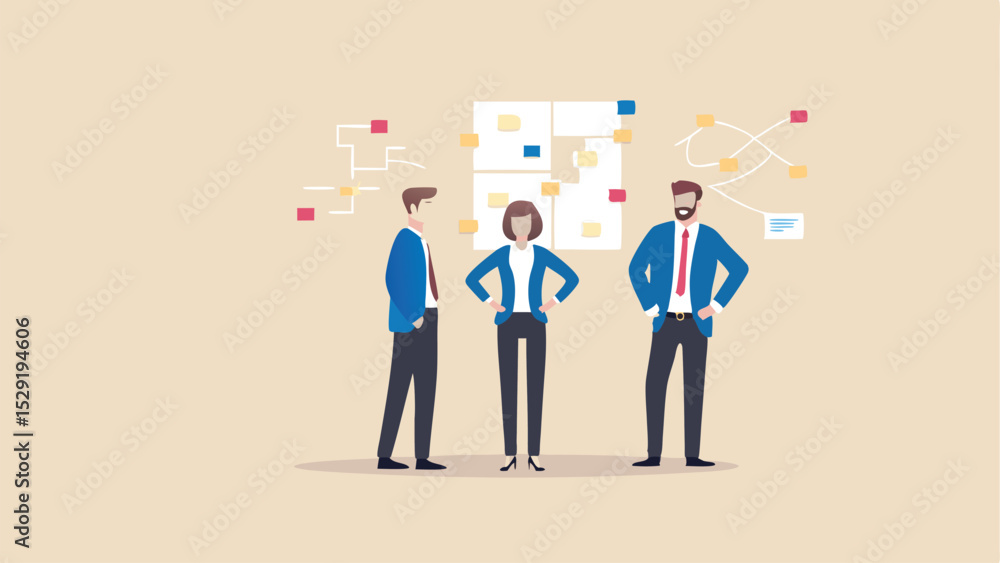 Team of professionals strategizing with sticky notes on a planning board in an office space Team of professionals strategizing with sticky notes on a planning board in an office space