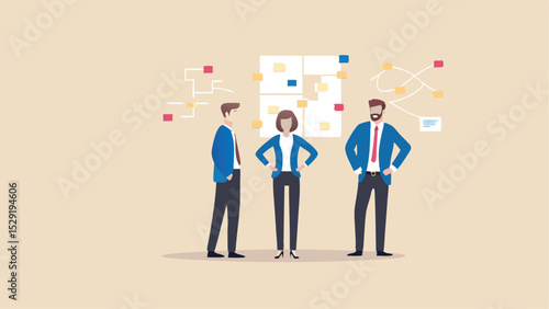 Team of professionals strategizing with sticky notes on a planning board in an office space