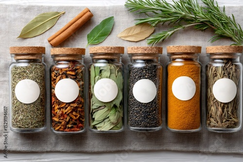 Fototapeta Naklejka Na Ścianę i Meble -  Glass spice jars with blank labels and fresh herbs displayed on table