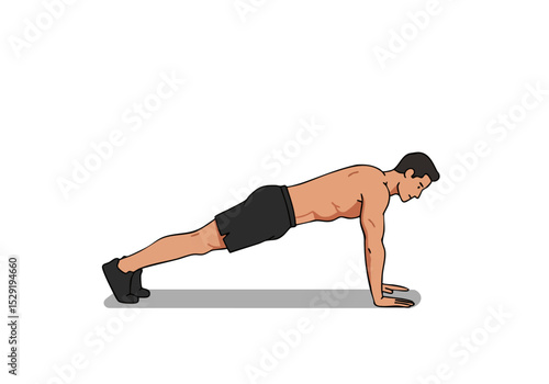 A muscular man performs a burpee in a side profile. Clean, graphic illustration style. Ideal for fitness and health content.