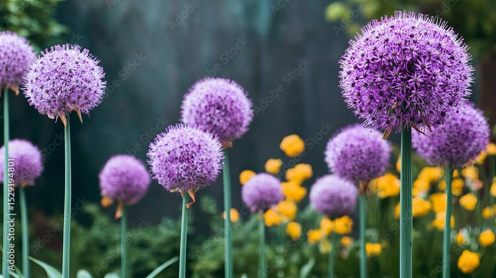 Obraz premium Vibrant Allium Garden with Decorative Flowers and Bright Yellow Blooms Creating Floral Splendor